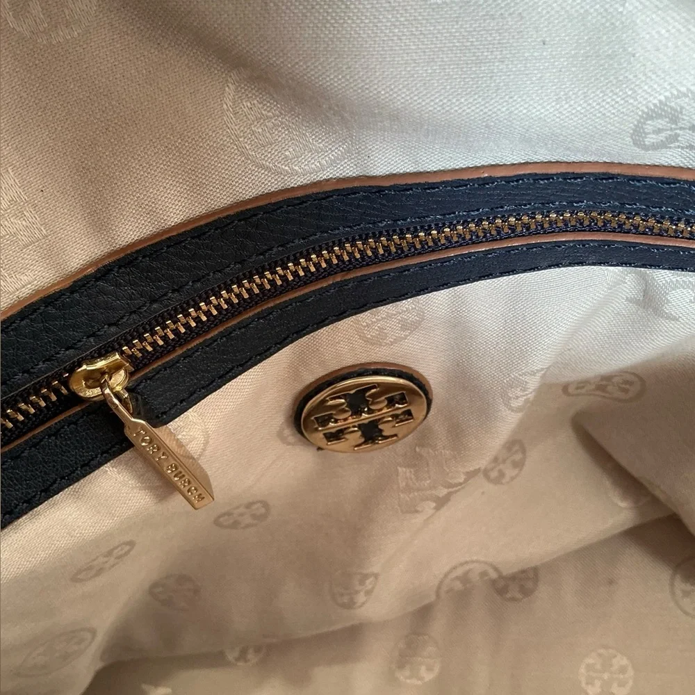 Tory Burch Clara Leather Satchel Navy Tan Trim Shoulder Strap
